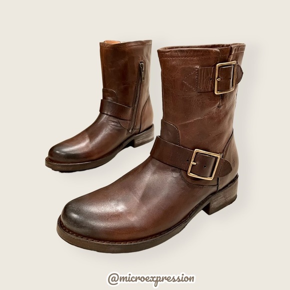 Frye Vicky Engineer Moto Brown Real Leather Belted Vintage Mid Calf Ankle Boot - Picture 11 of 16